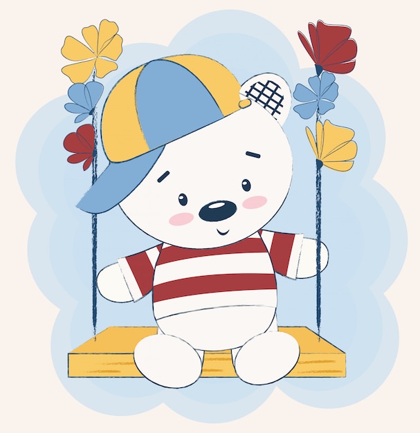 Cute Teddy bear sitting on a swing surrounded by flowers