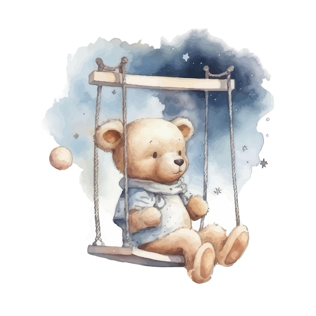 Cute teddy bear swinging on a swing on a starwatercolor hand draw illustration