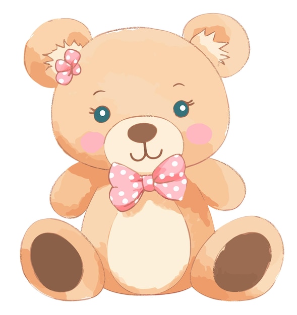 A cute teddy bear with a bow sits on a white background.