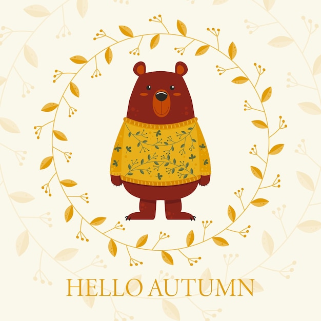 Cute Teddy Bear in a yellow Sweater with an Ornament Autumn Card Hello Autumn