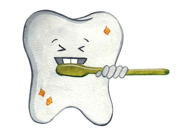 Cute teeth brushing his teeth watercolor illustration, white clean teeth