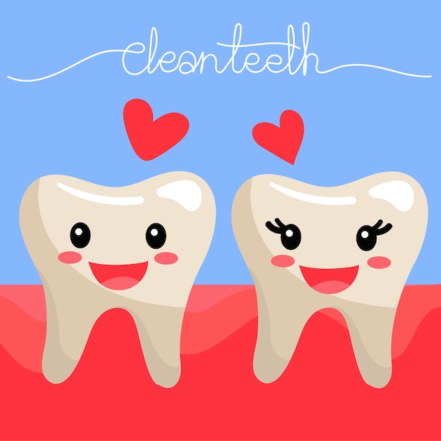 Cute teeth emoticons are in love with each other Clean even joyful teeth with emotions girl and boy