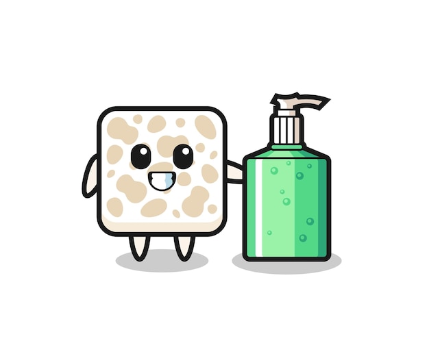 Cute tempeh cartoon with hand sanitizer