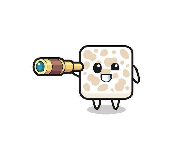 Cute tempeh character is holding an old telescope