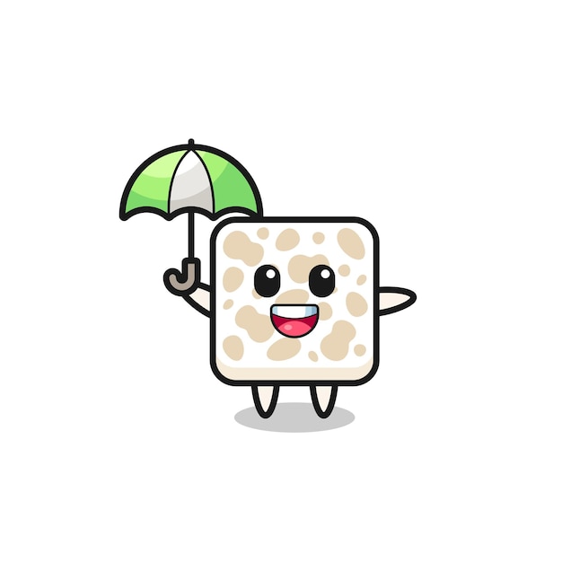 Cute tempeh illustration holding an umbrella