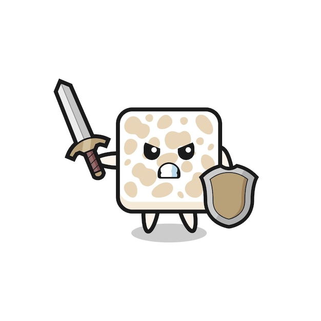 Cute tempeh soldier fighting with sword and shield