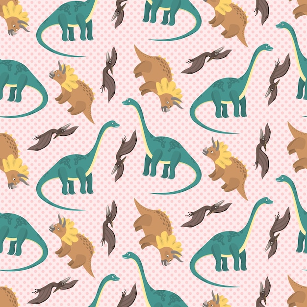 Cute tender pink seamless pattern with cartoon dinosaurs for kids textile