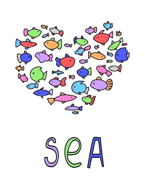 Cute text I love multicolored fish set doodle line Marine aquarium collection print