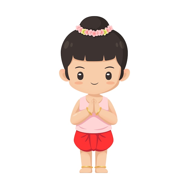 Cute thai girl character in traditional costume in respecting action use for illustration