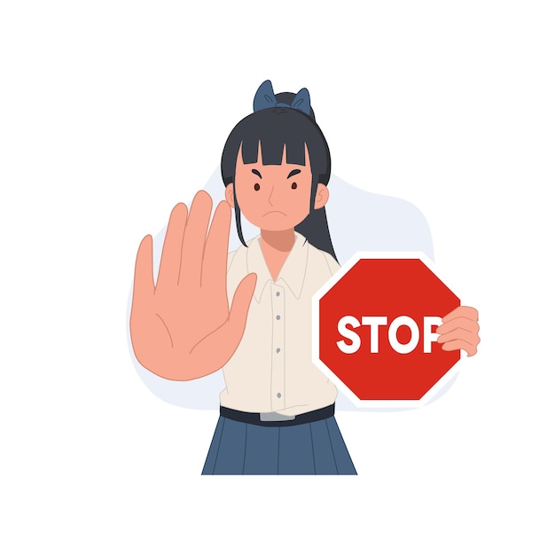 Cute Thai student girl doing NO hand gesture holding a sign that says Stop vector illustration