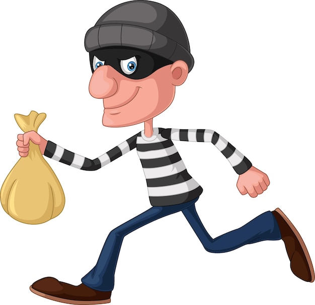 Cute thief cartoon carrying a bag of money