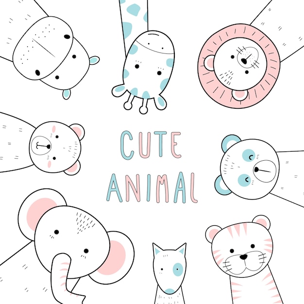 Cute thin line animals cartoon doodle pastel