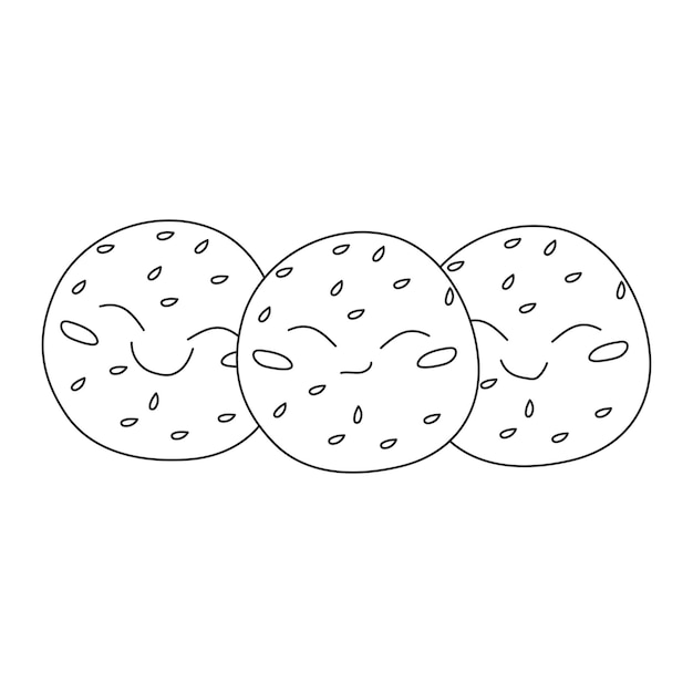 Cute three fried sesame balls with faces illustration in outline style