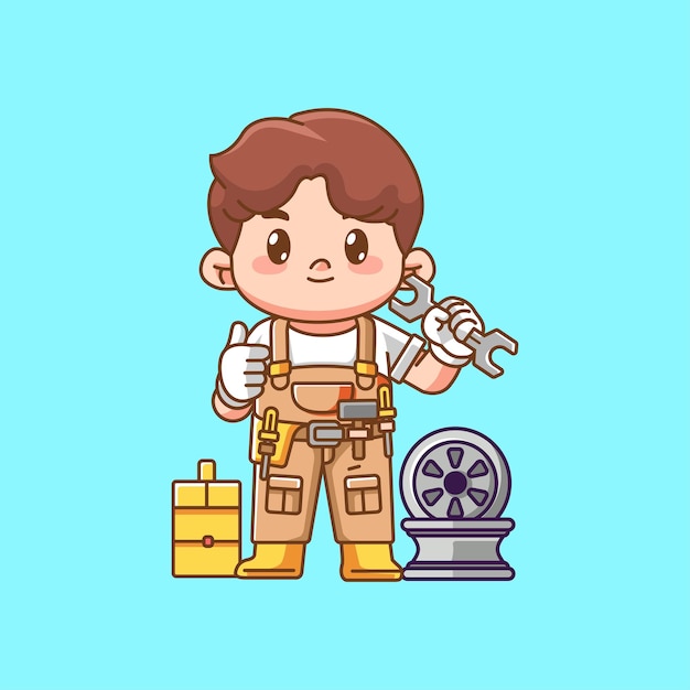 Cute thumbs mechanic confident with tool at workshop kawaii chibi character mascot illustration