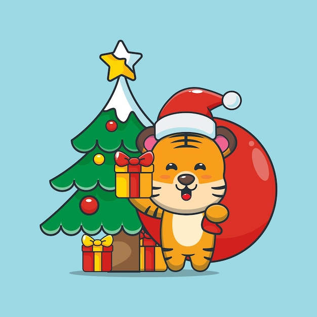 Cute tiger carrying christmas gift box with santa bag Cute christmas cartoon illustration