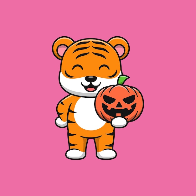 Cute tiger carrying pumpkin. Flat cartoon illustration