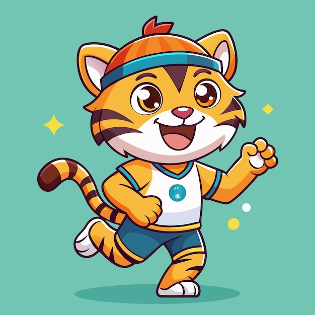 Vector cute tiger cartoon character funny animal cub mascot with kawaii muzzle express emotions smile boring and waving paw