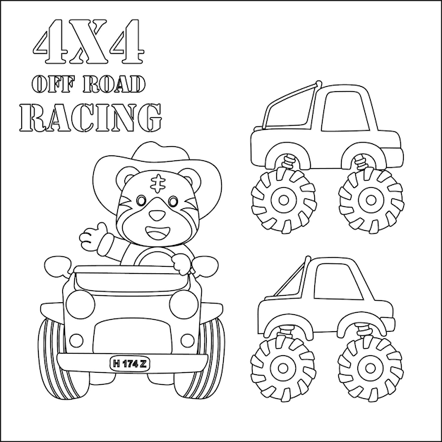 Cute tiger cartoon having fun driving a off road car colouring book or page