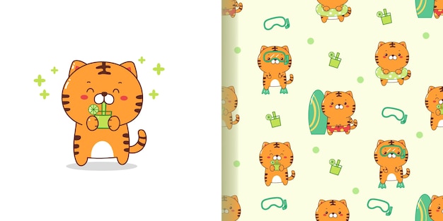 cute tiger cartoon seamless pattern for summer time.