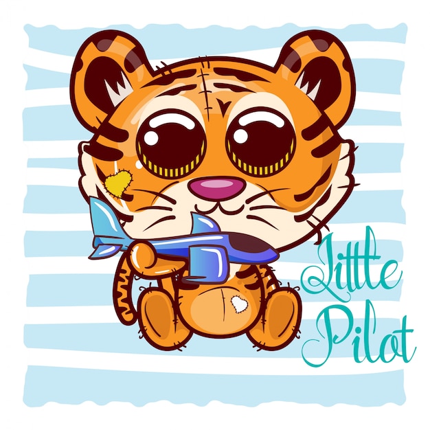 Cute tiger cartoon with plane toy. vector