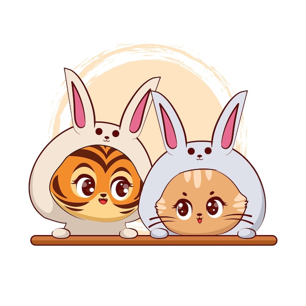 Cute tiger and cat with costume rabbit cartoon character illustration