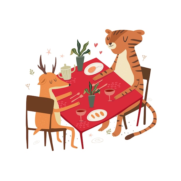 Cute tiger character having dinner with their deer at the table