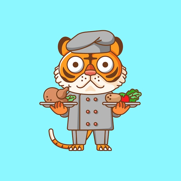 Cute tiger chef cook serve food animal chibi character mascot icon flat line art style illustration