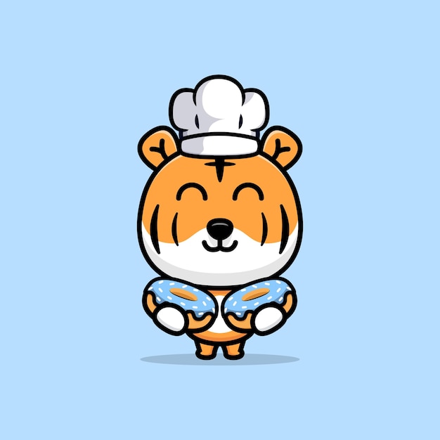 Cute tiger chef holding donut cartoon mascot illustration. design of animal mascot for a storybook, animation, or print product