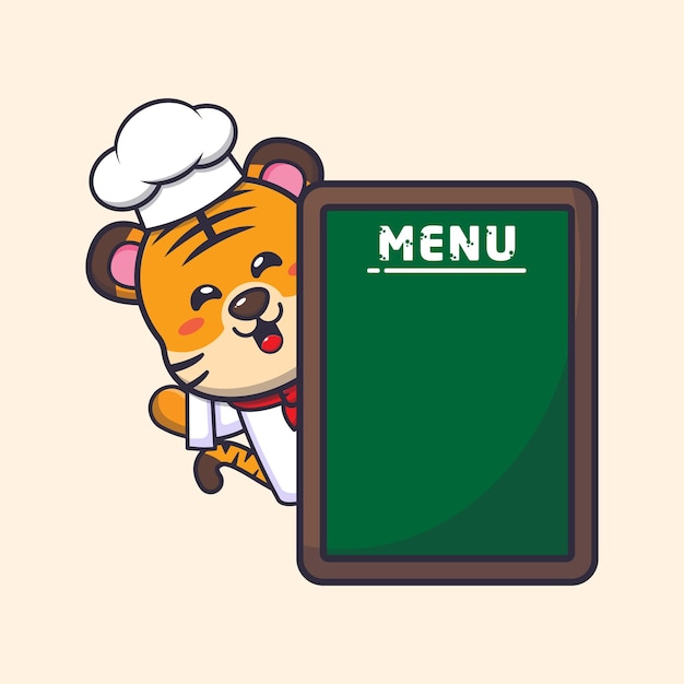 cute tiger chef mascot cartoon character with menu board