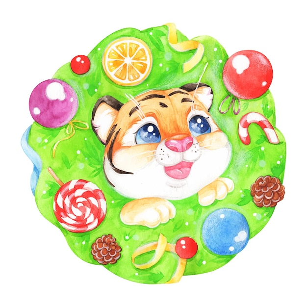 Cute tiger in a Christmas wreath symbol of Happy New Year