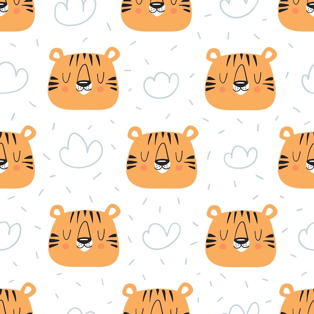 Cute tiger and clouds seamless pattern. Hand drawn