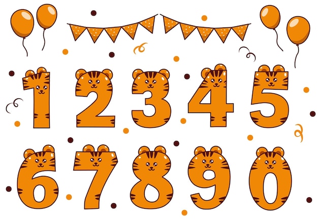 Cute tiger collection with numbering for birthday party kid education ornament Animal font