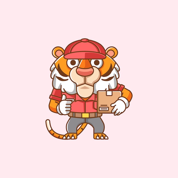 Cute tiger courier package delivery animal chibi character mascot icon line art illustration