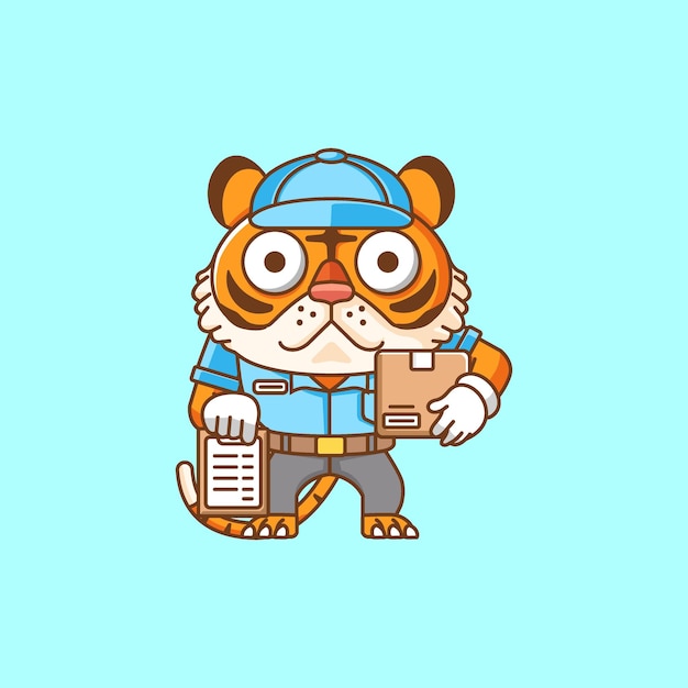 Cute tiger courier package delivery animal chibi character mascot icon line art style illustrat