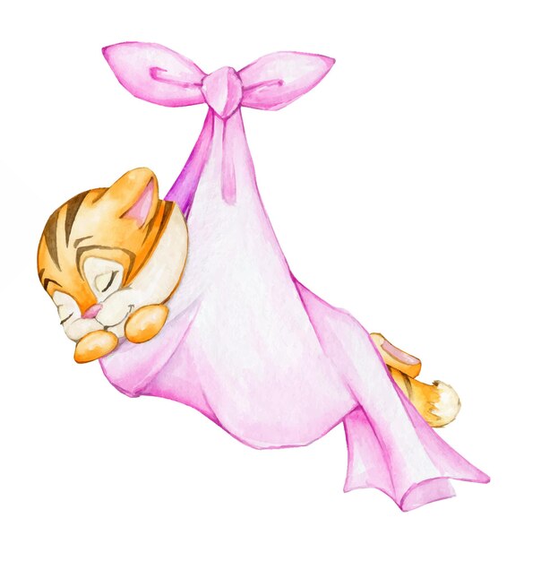 Cute tiger cub sleeping in a sheet pink color Watercolor clipart on an isolated background for a holiday