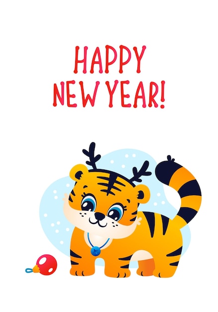 Cute tiger deer horns character symbol Happy New Year funny illustration card poster banner flyer