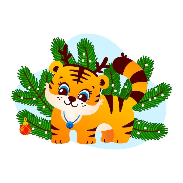 Cute tiger deer horns in spruce branches character symbol Happy New Year funny illustration isolated