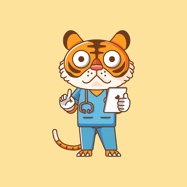 Cute tiger doctor medical personnel chibi character mascot icon flat line art style illustration