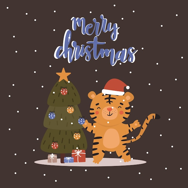 Cute tiger in doodle style is decorating a Christmas tree. Gifts are under the Christmas tree, the inscription Merry Christmas. Design for postcards.