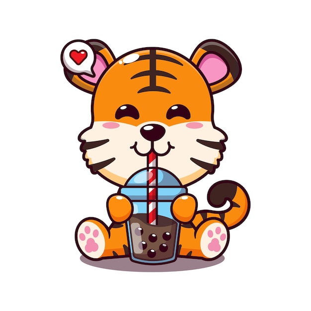 cute tiger drink bubble milk tea cartoon vector illustration