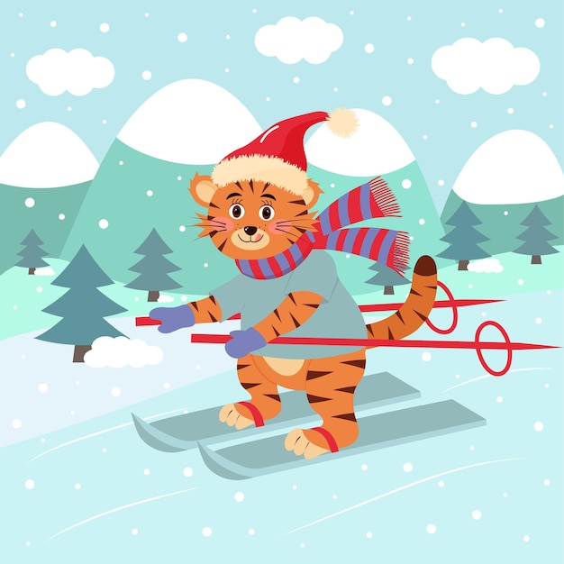 Cute tiger in hat and scarf is skiing. Winter landscape. Winter greeting card.