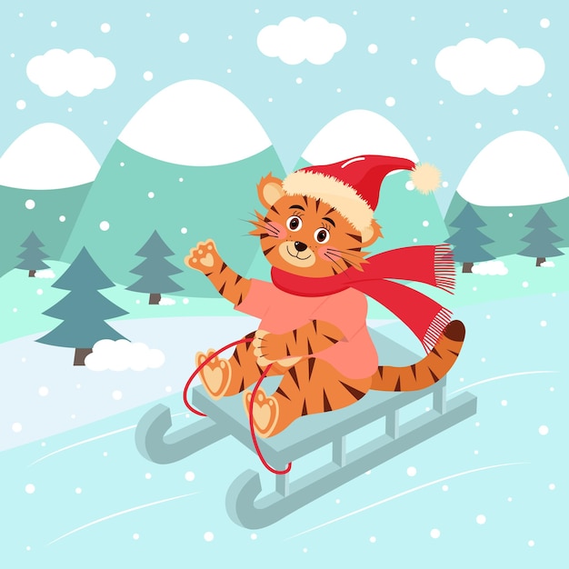 Cute tiger in hat and scarf is sledding.  Winter landscape. Christmas greeting card.