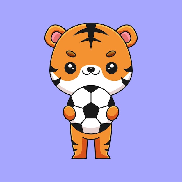 Cute tiger holding soccer ball cartoon mascot doodle art hand drawn concept vector kawaii icon illustration