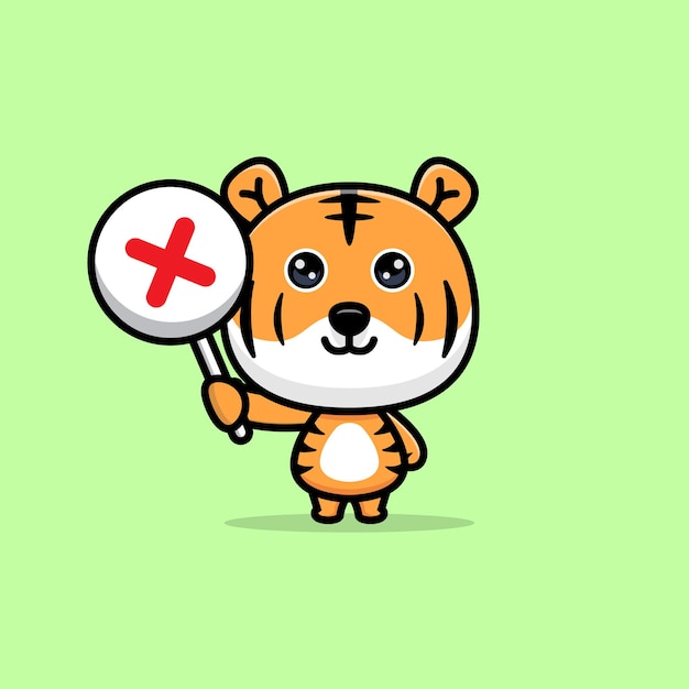 Cute tiger holding a wrong sign or cross sign cartoon mascot illustration. design of animal mascot for a storybook, animation, or print product