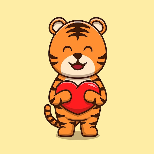 Cute tiger hugging love heart cartoon icon illustration