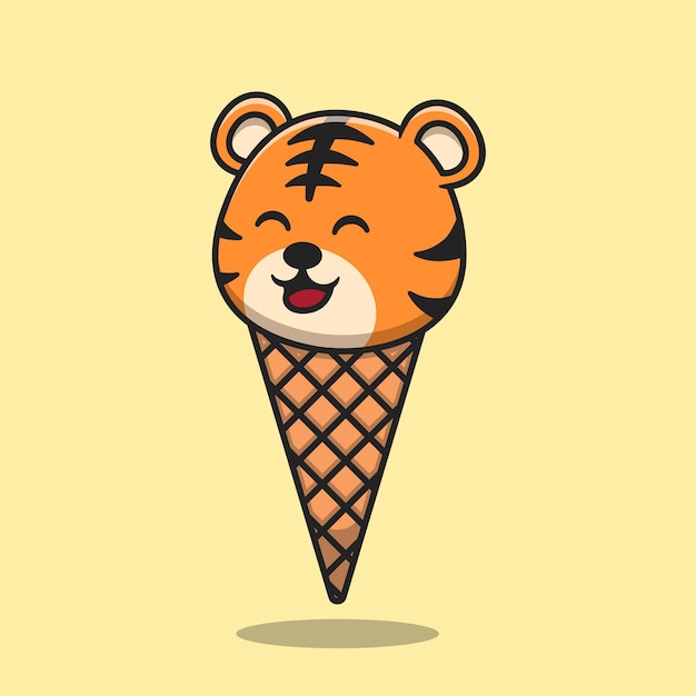 Cute tiger ice cream cone cartoon vector icon illustration