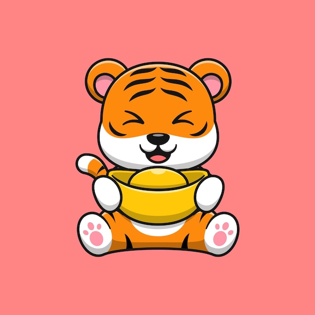 Cute tiger is sitting holding gold cartoon vector icon illustration. Flat cartoon style.