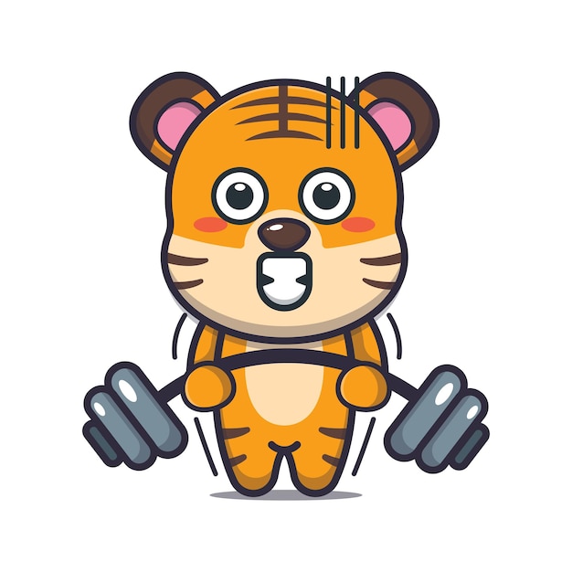 Cute tiger lifting barbell Cute animal cartoon illustration