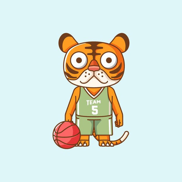 Vector cute tiger player basketball play basket kawaii chibi character mascot illustration outline style