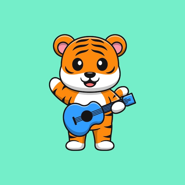 Cute tiger playing guitar cartoon vector icon illustration. Flat cartoon style.